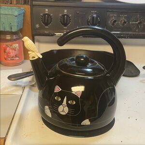 Black Cat Teapot with Bird Handle